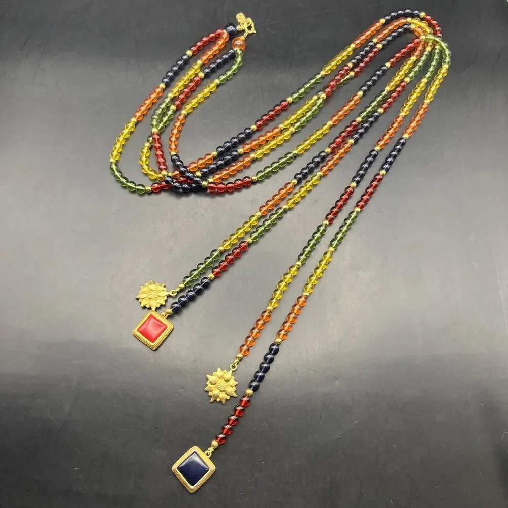 Vintage Liz Claiborne Beaded Lariat Necklace or Belt Colorful Flower Charm 55 In